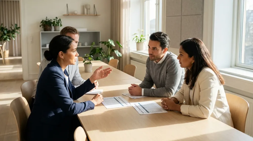 Cinematic editorial image of executives evaluating enterprise software company selection criteria in Ireland