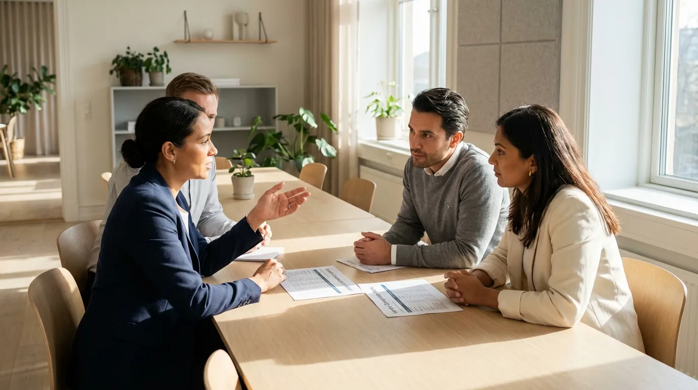 Cinematic editorial image of executives evaluating enterprise software company selection criteria in Ireland